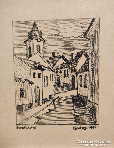 Contemporary painter Attila Korényi: detail of small Szentendre street with church 1995. Ink cardboard without frame