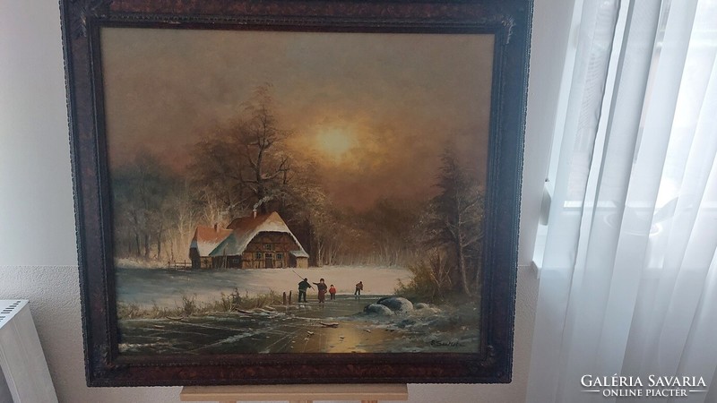 (K) Gyönyörű szignózott mozgalmas téli tájképfestmény 85x95 cm kerettel