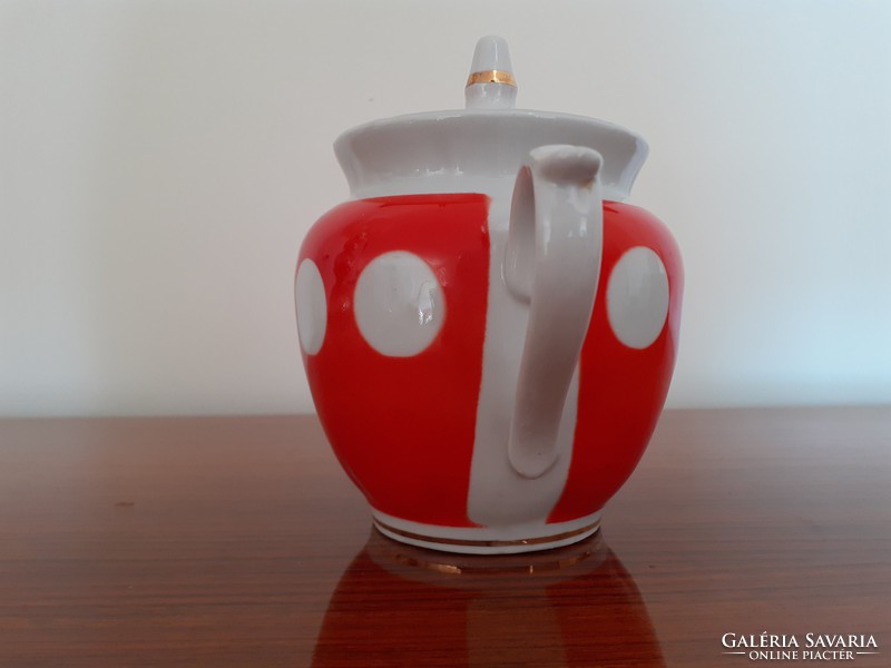 Retro régi porcelán kávés kanna pöttyös piros kiöntő mid century