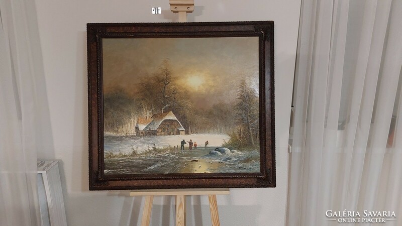 (K) Gyönyörű szignózott mozgalmas téli tájképfestmény 85x95 cm kerettel