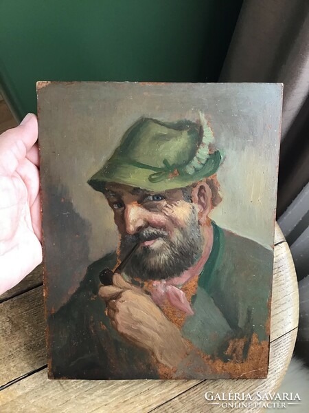 Old oil on wood portrait painting without frame