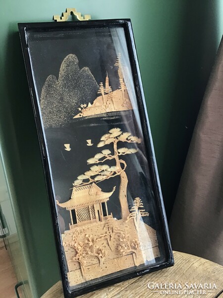 Régi kínai faragott parafa kép üveg mögött fa keretben