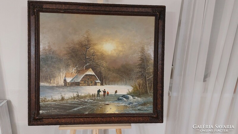 (K) beautiful signed moving winter landscape painting with 85x95 cm frame