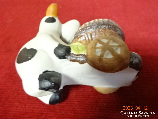 Glazed ceramic figure, Boci pushes the wheelbarrow, length 8 cm. Jokai.