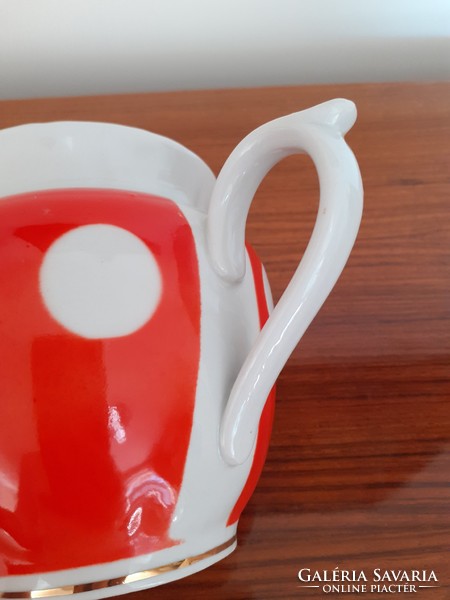 Retro old porcelain coffee pot with polka dot red spout mid century
