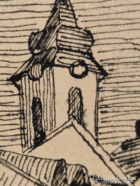 Contemporary painter Attila Korényi: detail of small Szentendre street with church 1995. Ink cardboard without frame