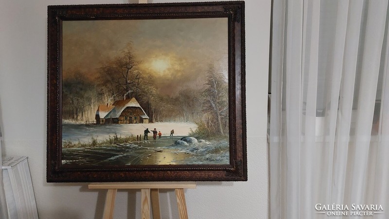 (K) beautiful signed moving winter landscape painting with 85x95 cm frame