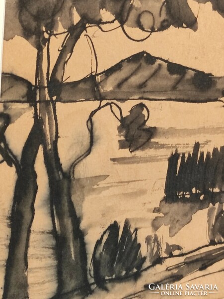 Korényi Attila kortárs festő: Balatoni tájkép háttérben a Badacsony tus papír kis kép keret nélkül