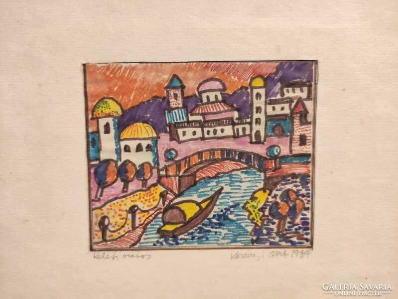 Contemporary painter Attila Korényi Eastern city small felt pen cardboard picture 1989. Without frame