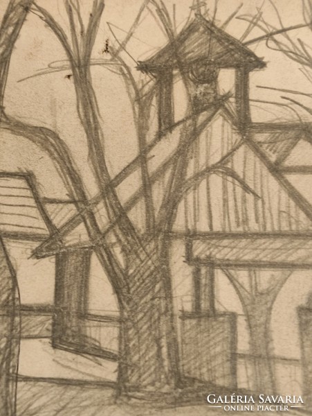 Korényi Attila kortárs festő: szentendrei utca részlet templommal monotipia ceruzavázlat keretnélkül