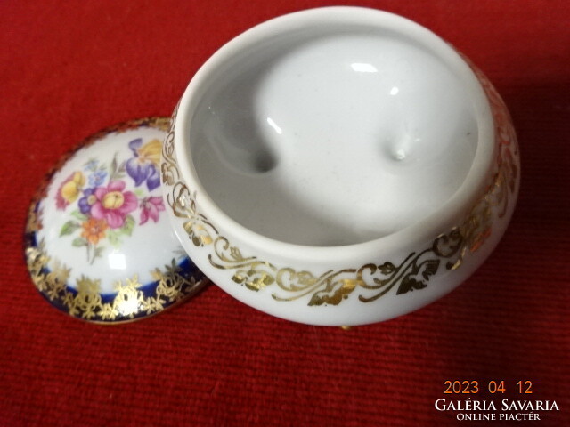 German porcelain bonbonier with three legs, cobalt blue border, flower pattern. Jokai.