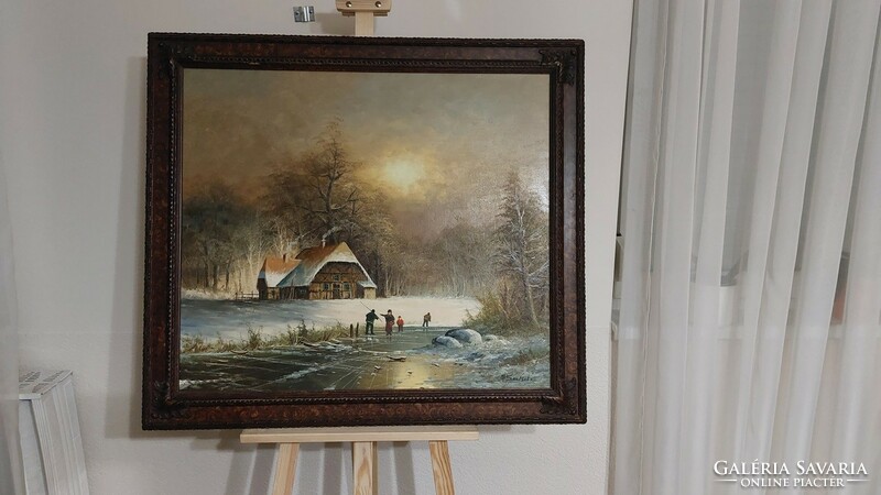 (K) beautiful signed moving winter landscape painting with 85x95 cm frame