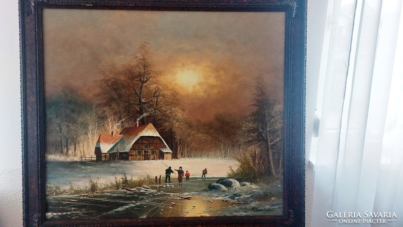 (K) beautiful signed moving winter landscape painting with 85x95 cm frame