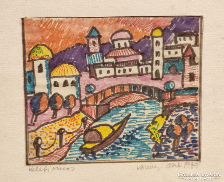 Contemporary painter Attila Korényi Eastern city small felt pen cardboard picture 1989. Without frame