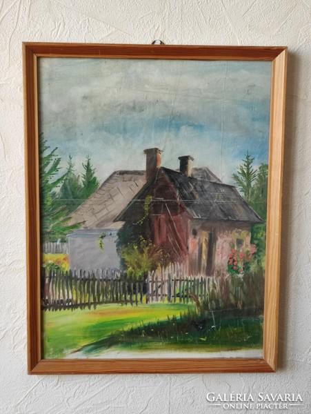 Country house in a cozy landscape, oil on canvas in a glazed frame from the legacy of Inke László and Márta