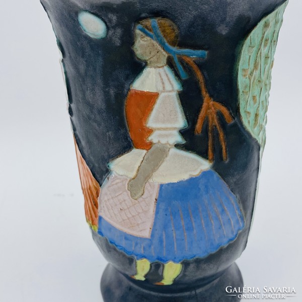 Ceramic vase by István Gádor with a village scene