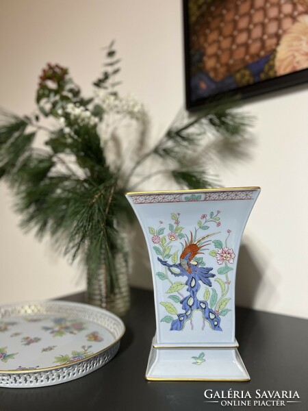 Herend blue vase with song pattern decor, marked ornament 25 cm high