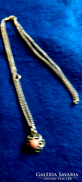 Antique silver pendant with chain 825 rose quartz