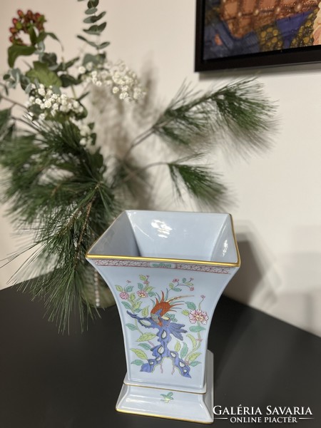 Herendi kék színű váza Song mintás dekorral,jelzéssel 25 cm magas dísz
