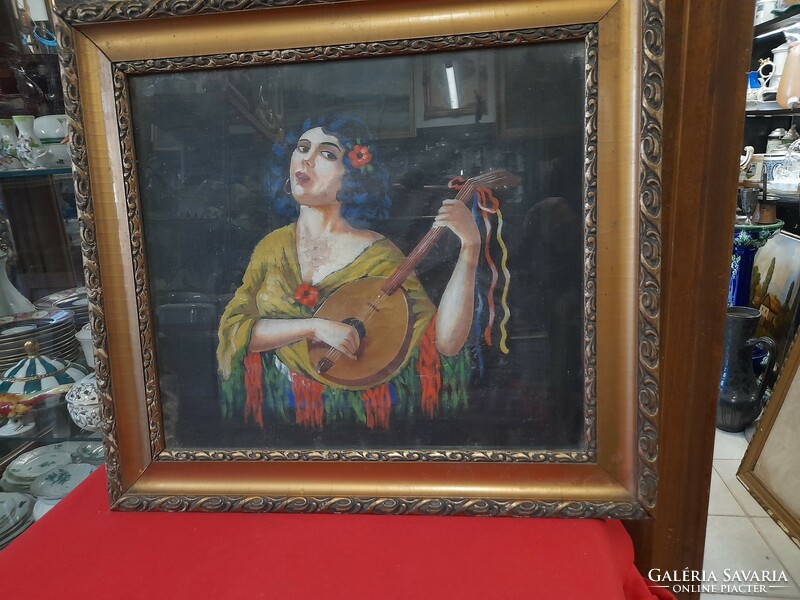 Oil silk painting of a southern woman playing music.