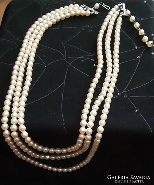 Antique string of pearls, 3 rows /40-44-48 cm/, buckle - assembly unmarked, silver-plated metal alloy