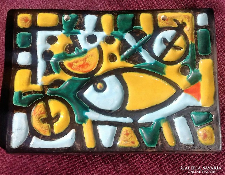 Very retro, rare colored glazed saltskout fish ceramic wall picture, marked