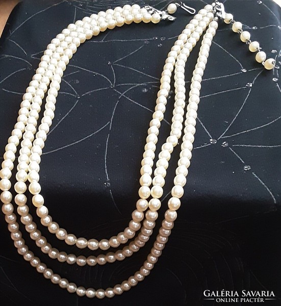 Antique string of pearls, 3 rows /40-44-48 cm/, buckle - assembly unmarked, silver-plated metal alloy