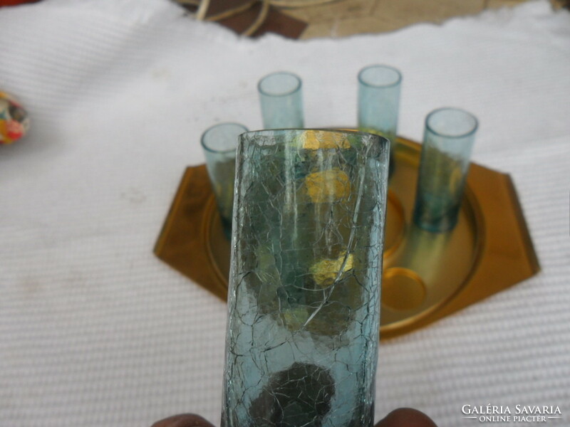 Ritka kék karcagi fátyolüveg röviditalos pohárkészlet képcsarnokos alutárcával
