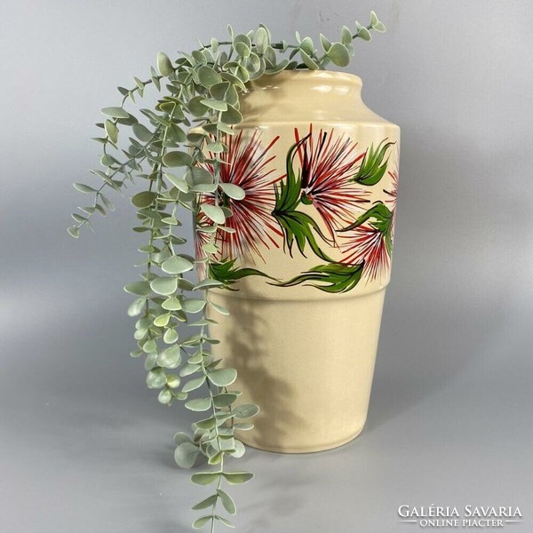 Nagyméretű kézzel festett pipacsos drapp váza