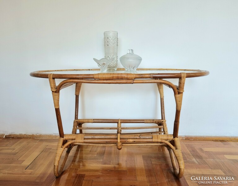 Vintage Rohe Noordwolde bambusz kisasztal üveglappal