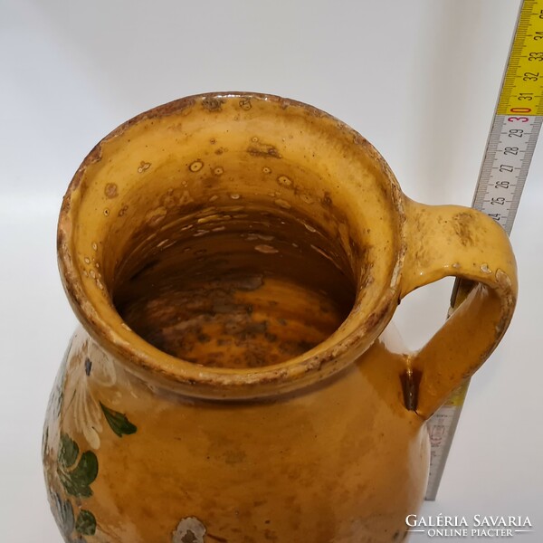 Folk, dark blue, white floral pattern, light brown glazed ceramic milk jug (2591)