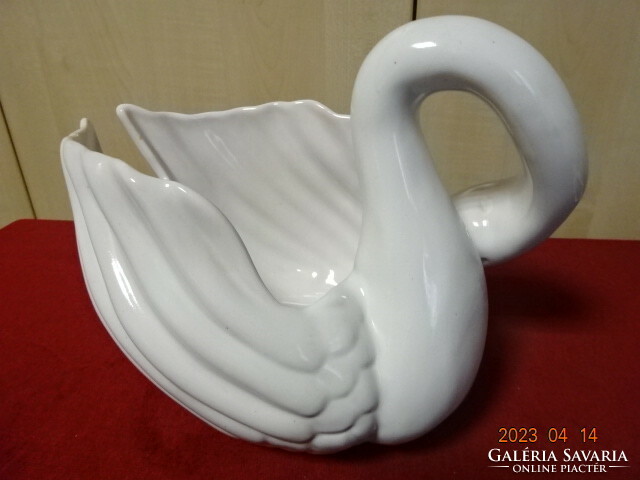 Hungarian glazed ceramic bowl, swan shape, white, height 22.5 cm. Jokai.