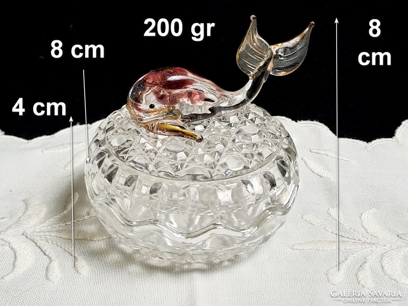 Glass bonbonier, sugar bowl with colorful dolphin handle