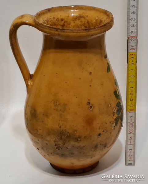 Folk, dark blue, white floral pattern, light brown glazed ceramic milk jug (2591)