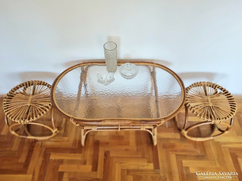 Vintage Rohe Noordwolde bambusz kisasztal üveglappal