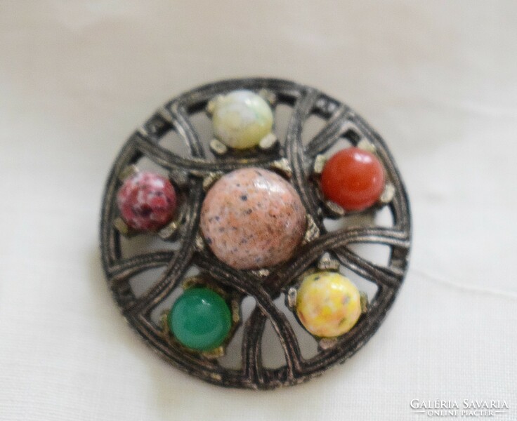 Old brooch retro jewelry 3.1 cm metal with colorful plastic hemispheres