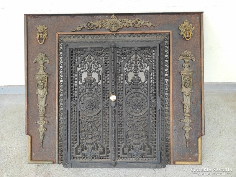 Antique metal copper overlay stove fireplace with cast iron door frame 619 7227