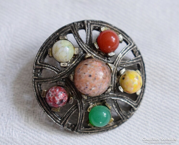 Old brooch retro jewelry 3.1 cm metal with colorful plastic hemispheres
