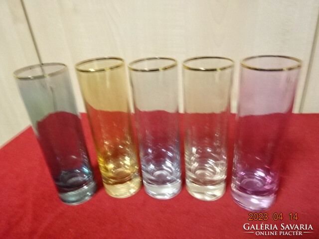 Liqueur glass, colored glass, gold rim, five pieces. Jokai.