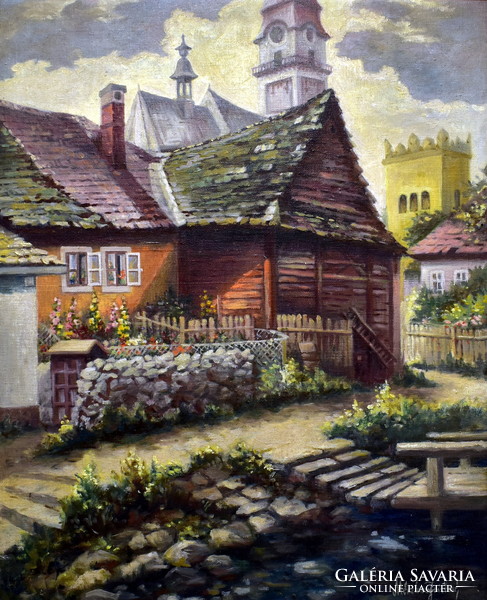 XX. Sz. Hungarian painter: a sunny street in a small town in Transylvania