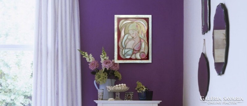 In purple light c. 50X40 cm, high-quality work about motherhood. Premium award-winning artist, Zsófia Károlyfi/1952