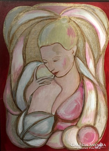 Bíborfényben c. 50x40 cm, színvonalas alkotás az anyaságról.Prima díjas művész,Károlyfi Zsófia/1952