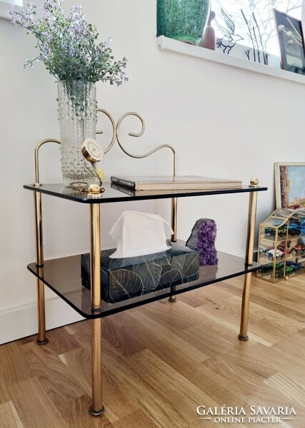 Vintage shelf, flower stand or nightstand with smoked glass shelves