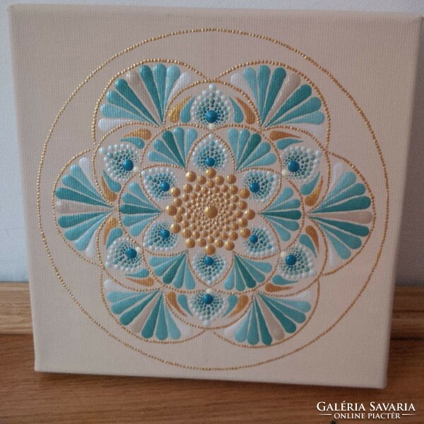 ÚJ! Bézs türkiz kék arany mandala kép kézzel festett 20x20cm