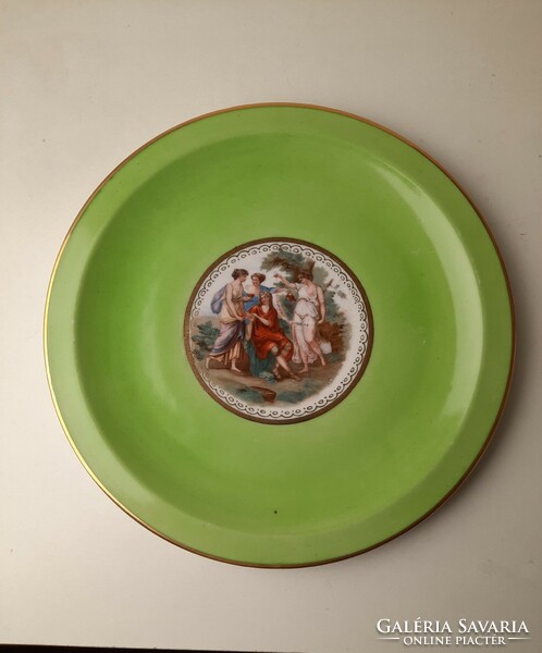 Antique scenic (4-shaped) porcelain cake plate, green with gold edge