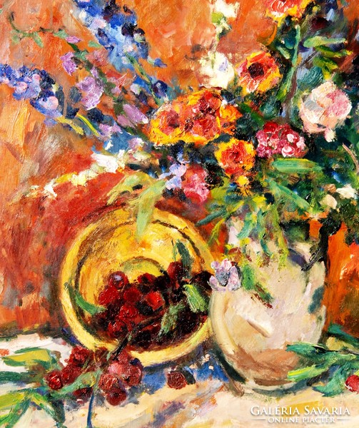 László Bod (1920-2001): flower still life with a yellow bowl - oil painting, in the original gallery
