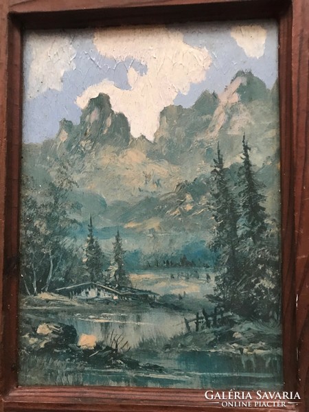 Olaj technikával készült festmény. Hegyvidéki tájkép, szép fa keretben,ismeretlen festő munkája.