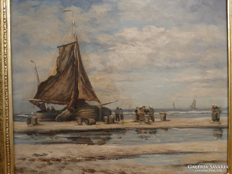 "Fisherman's port" Antique oil on canvas painting, signed