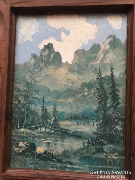 Olaj technikával készült festmény. Hegyvidéki tájkép, szép fa keretben,ismeretlen festő munkája.