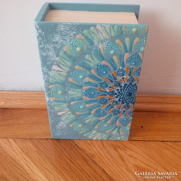 New! Book-shaped wooden box, hand-painted with blue, green, gold mandala decoration